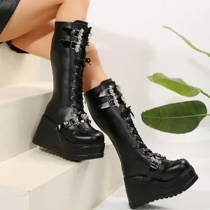 Women's Cool Retro Punk Boots: Chunky Wedges, Metal Design, Lace Up PU Leather - High Quality Outdoor Shoes 35-43