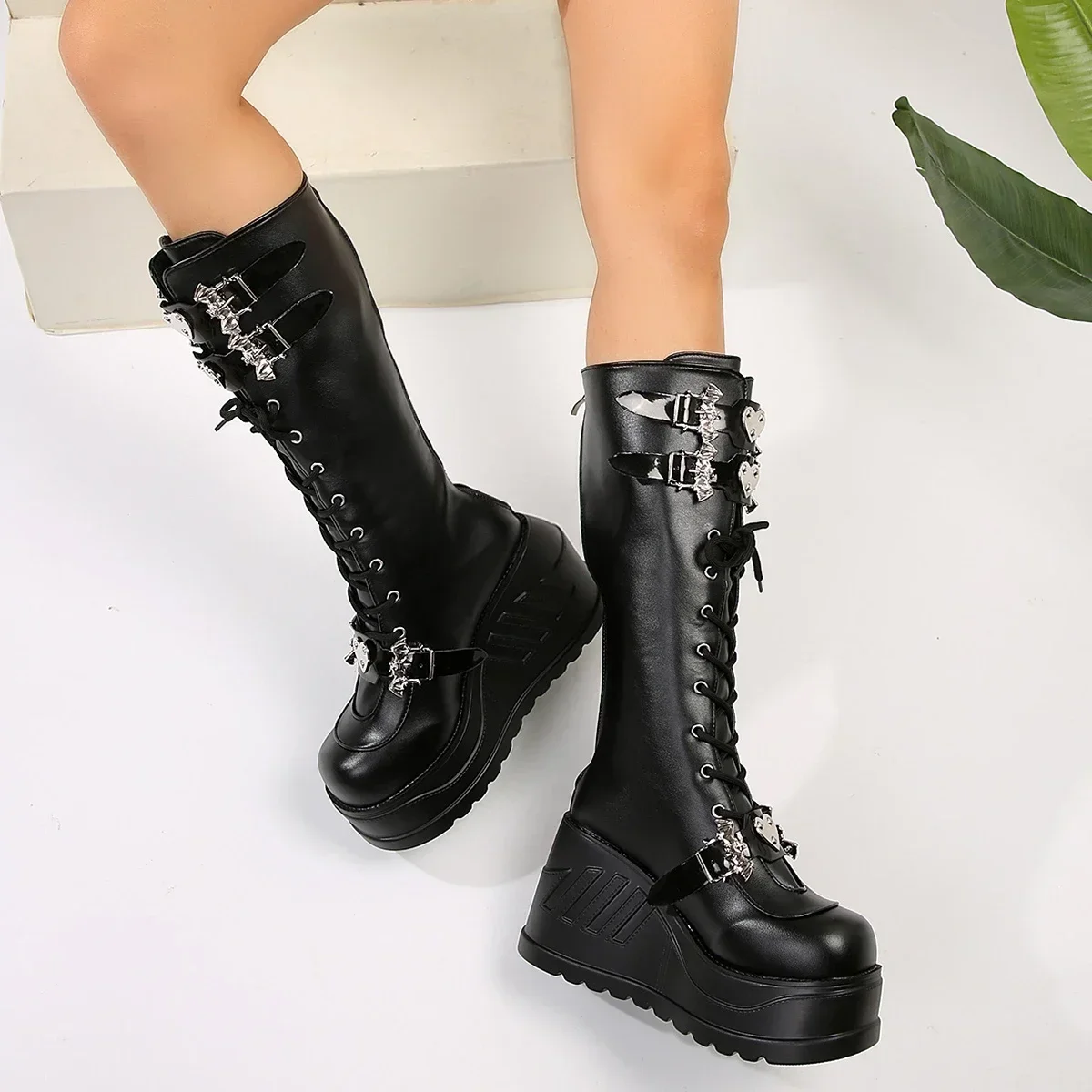 Women's Cool Retro Punk Boots: Chunky Wedges, Metal Design, Lace Up PU Leather - High Quality Outdoor Shoes 35-43 - Image 5
