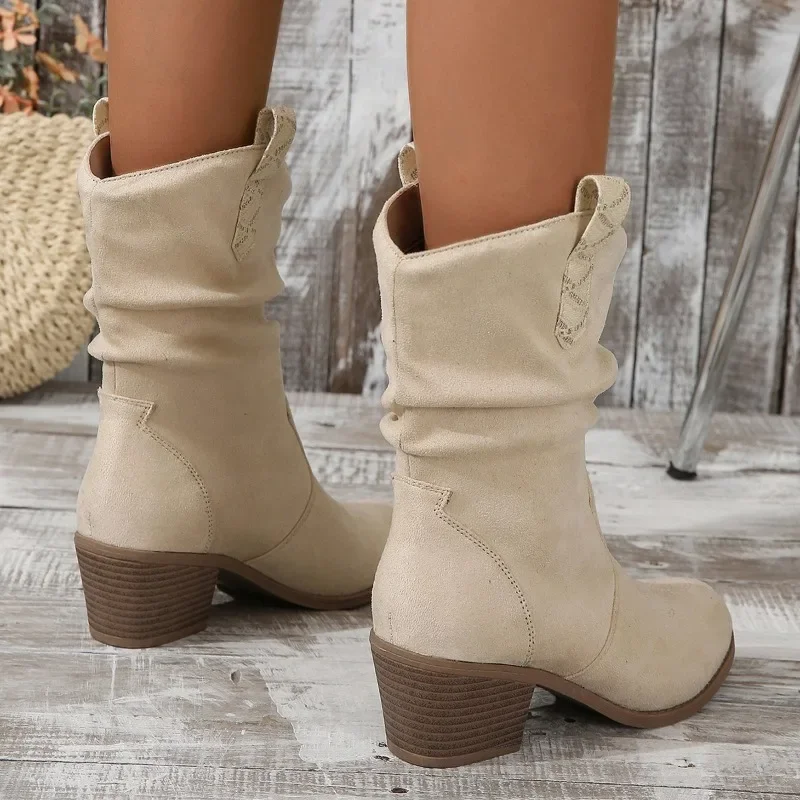 2024 Spring and Autumn New Round Head Leather Face White Cover Fashion Women's Large Medium Sleeve Boots Women Boots - Image 2