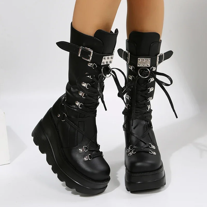 Women's Goth Platform Motorcycle Boots Punk Rivet Buckle Strap Combat Booties for Women Thick Bottom Wedge Heels Mid Calf Boots
