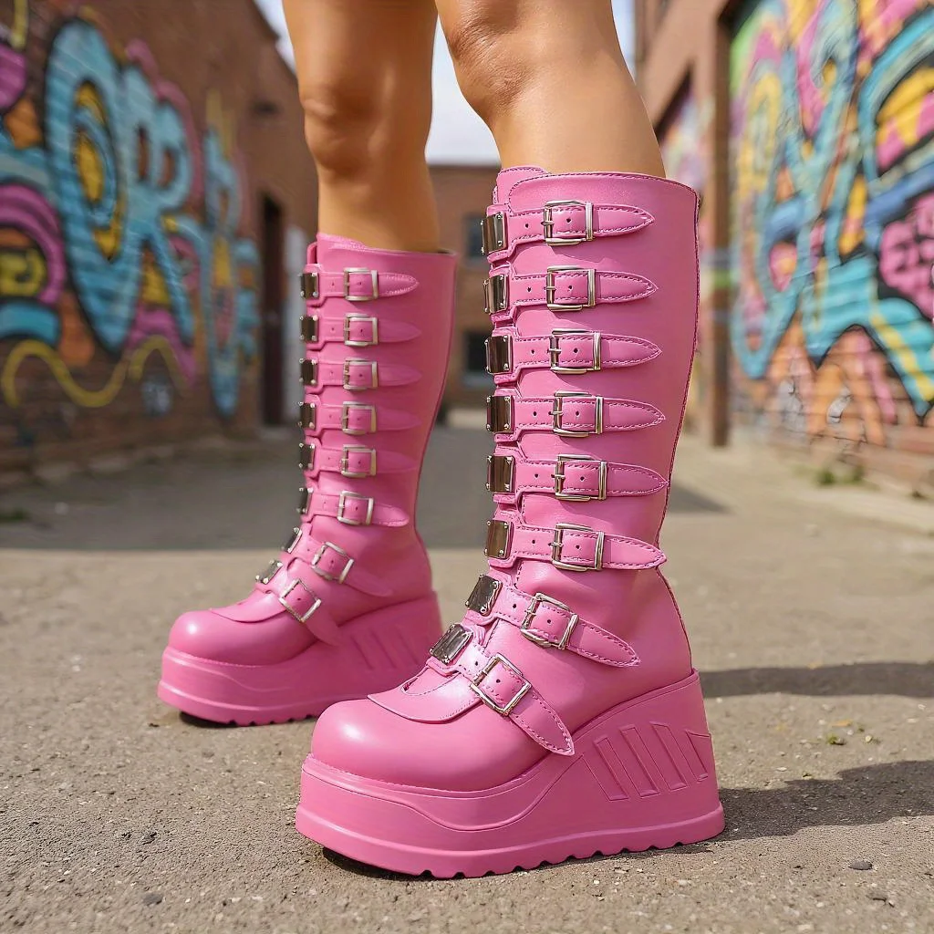 Women's Gothpunk Boots, Back Zip Platform Boots with Belt Trim - Suitable for Concerts, Theme Parties and Everyday Wear - Image 2