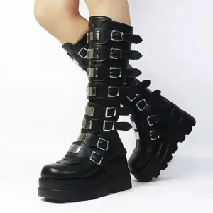 kf-S68075e58321c4734bb3bd69fa5dd4ff4A Gothic Platform Knee High Boots Punk Black Sexy Motorcycle Shoes 2024 Halloween Cosplay Women Shoes Zapatos De Mujer
