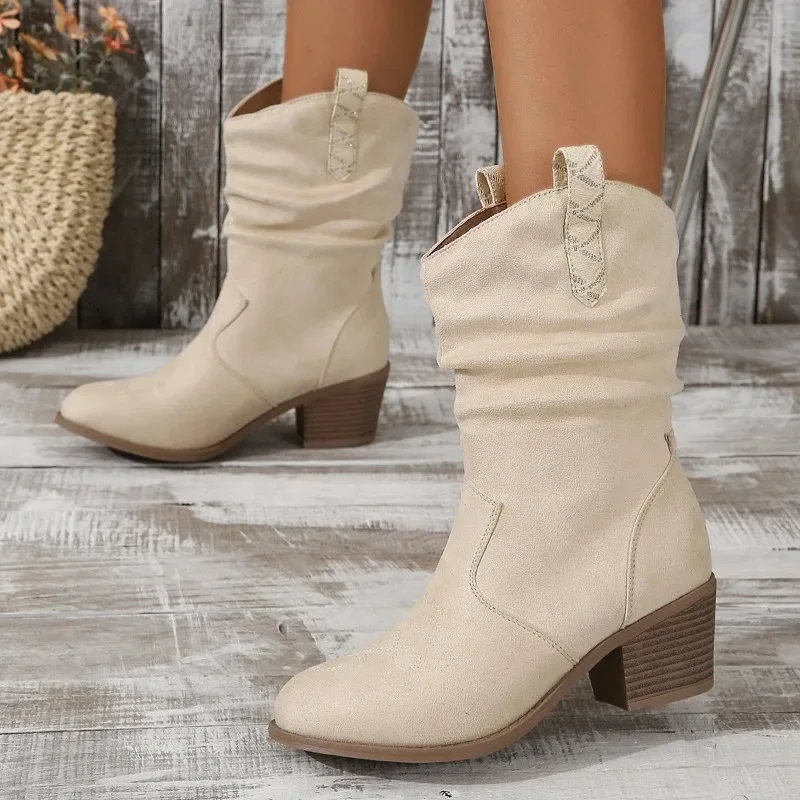 2024 Spring and Autumn New Round Head Leather Face White Cover Fashion Women's Large Medium Sleeve Boots Women Boots - Image 3
