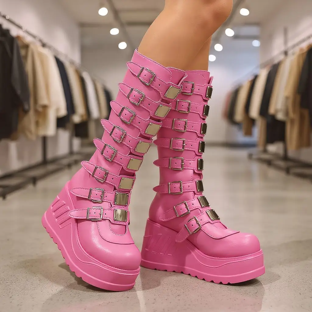 Women's Gothpunk Boots, Back Zip Platform Boots with Belt Trim - Suitable for Concerts, Theme Parties and Everyday Wear - Image 3