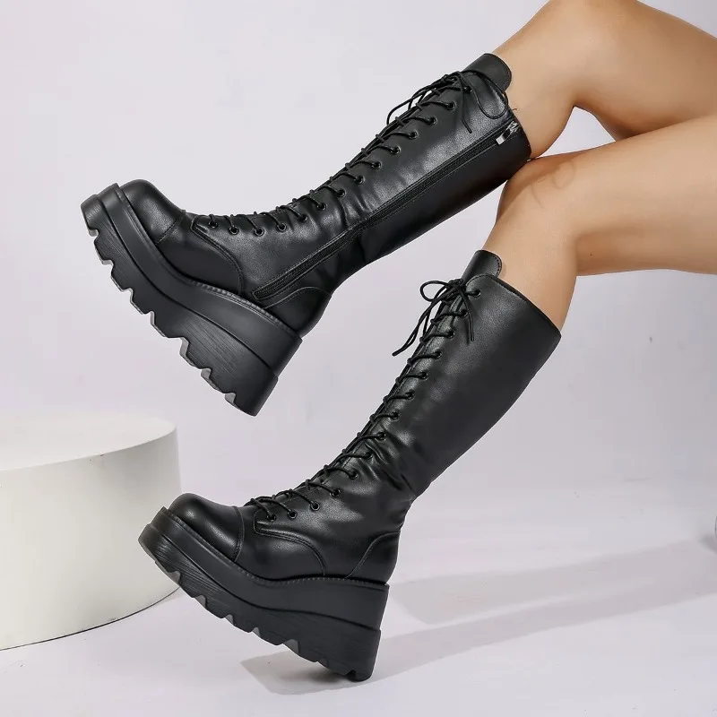 Women's Large Size 35-43 Boots New Round Toe Wedge Lace Thick Sole Zipper Mid-Tube Boots Hot Girl Style High-Enhanced Shoes - Image 4