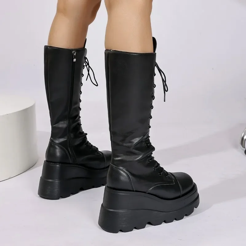 Women's Large Size 35-43 Boots New Round Toe Wedge Lace Thick Sole Zipper Mid-Tube Boots Hot Girl Style High-Enhanced Shoes - Image 2