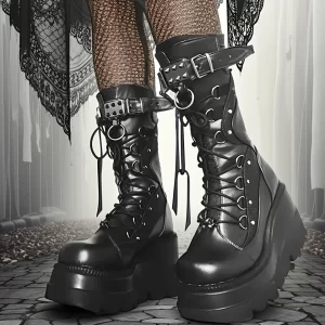 kf-Scbb8b410e46e489d9a269c9807f94693I Brand New Ladies Goth Platform Boots Fashion Rivet Buckle Punk Wedges High Heels women's Boots Party Street Cosplay Woman Shoes