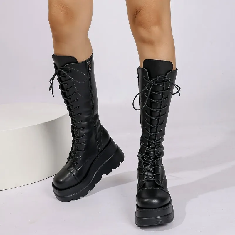Women's Large Size 35-43 Boots New Round Toe Wedge Lace Thick Sole Zipper Mid-Tube Boots Hot Girl Style High-Enhanced Shoes - Image 5