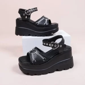 kf-Sebc0fd0103884c419f6049f6d9c296eem 35-43 Plus Size Fashion Slope Heel Women Sandals Metal Chain Decoration Female Buckle Platform Shoes Women's Sandals Tide Shoes