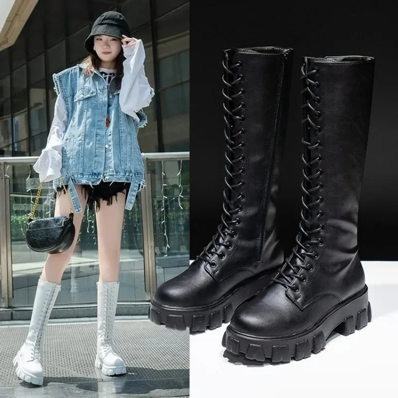 Women's Mid Calf Boots Padded Shoes Knee High Winter Sneakers Punk Style Military Casual White Black 2024 Lucury Platform Woman - Image 2